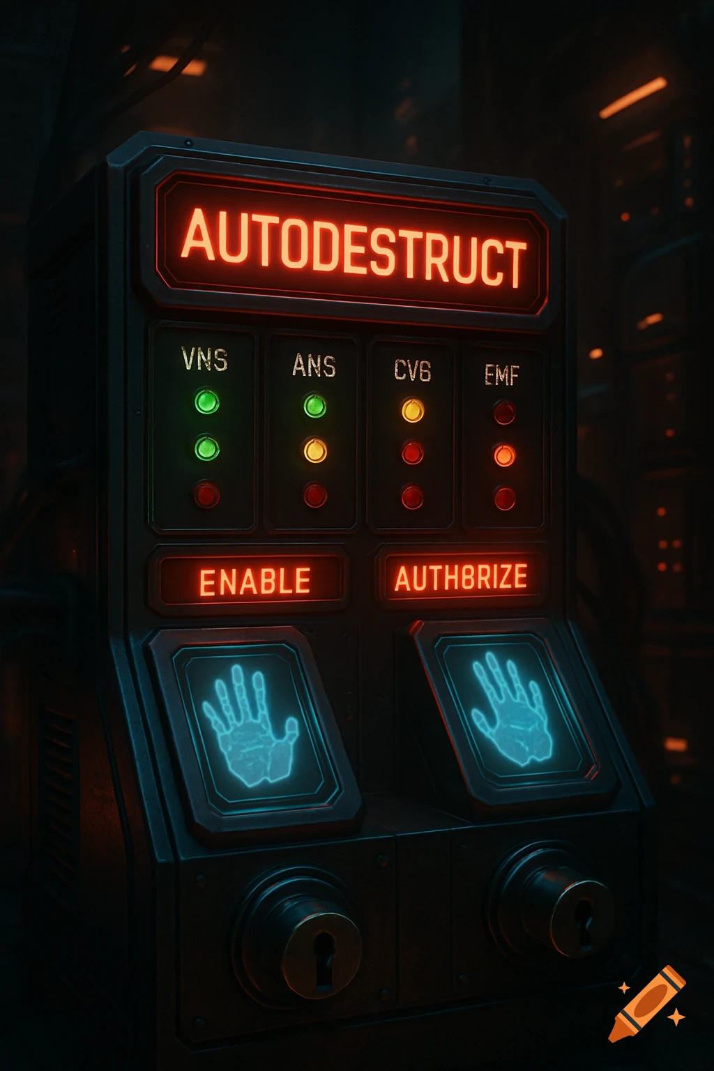 A dark, futuristic control panel with glowing red text "AUTODESTRUCT", various indicator lights, and blue hand scanner pads, alongside two keyholes.