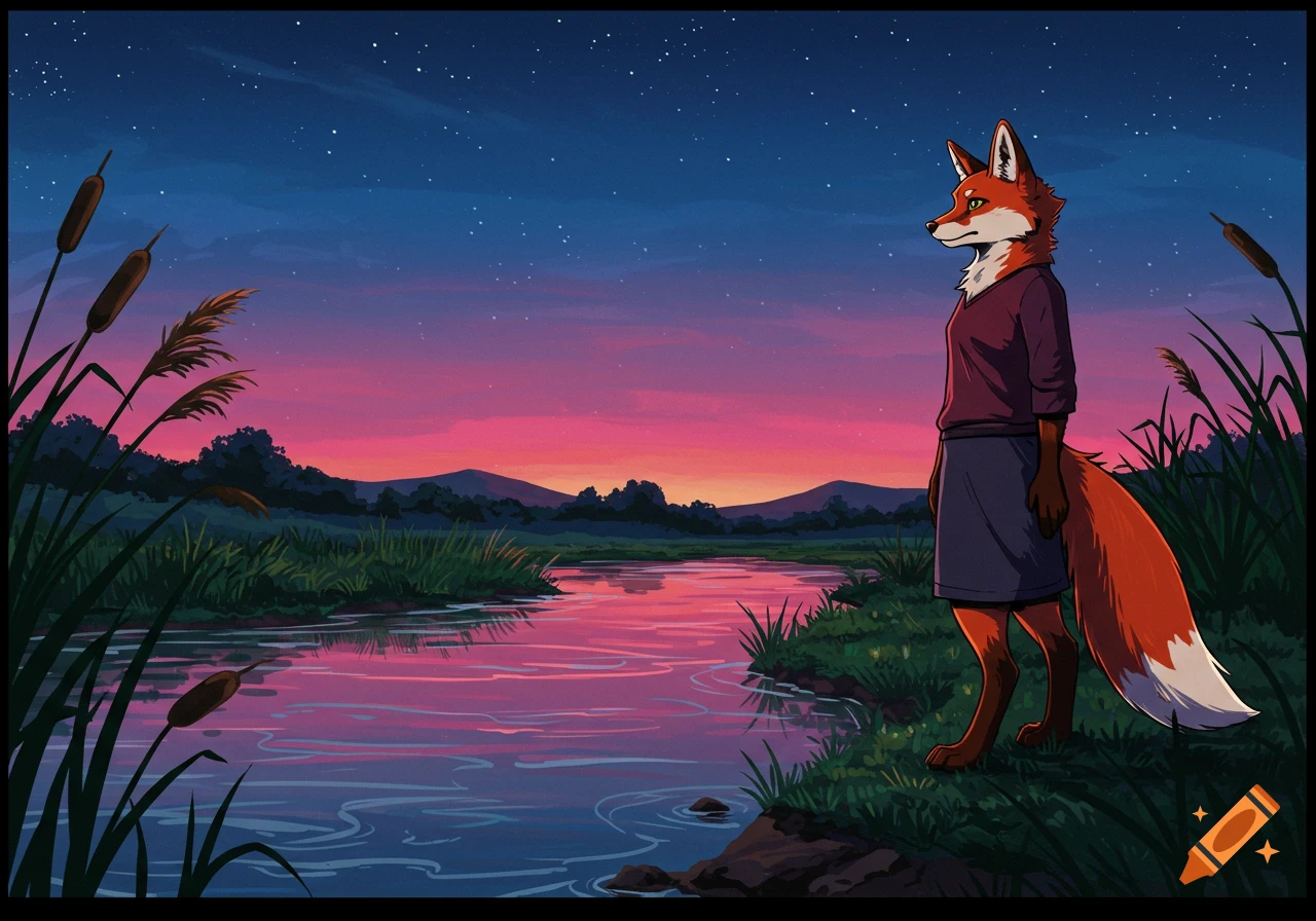 Illustrated humanoid fox standing by a calm river at twilight, with vibrant pink and blue sky.