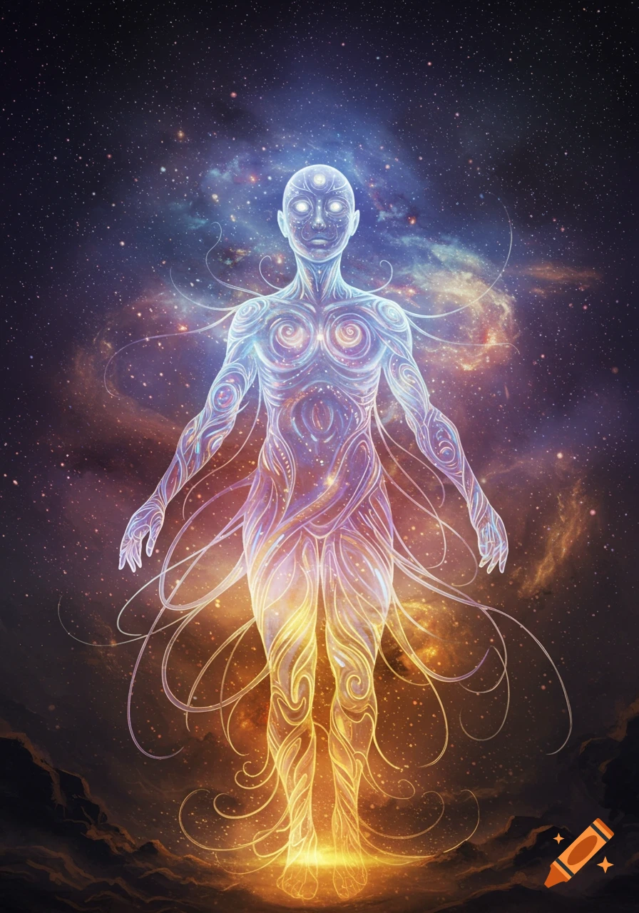 A glowing, ethereal human-like figure made of light and energy stands against a vibrant cosmic nebula filled with stars.