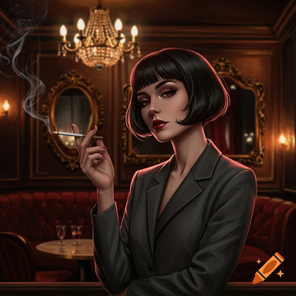 Stylish woman with a bob haircut smokes in a dimly lit lounge with a chandelier, digital art style.
