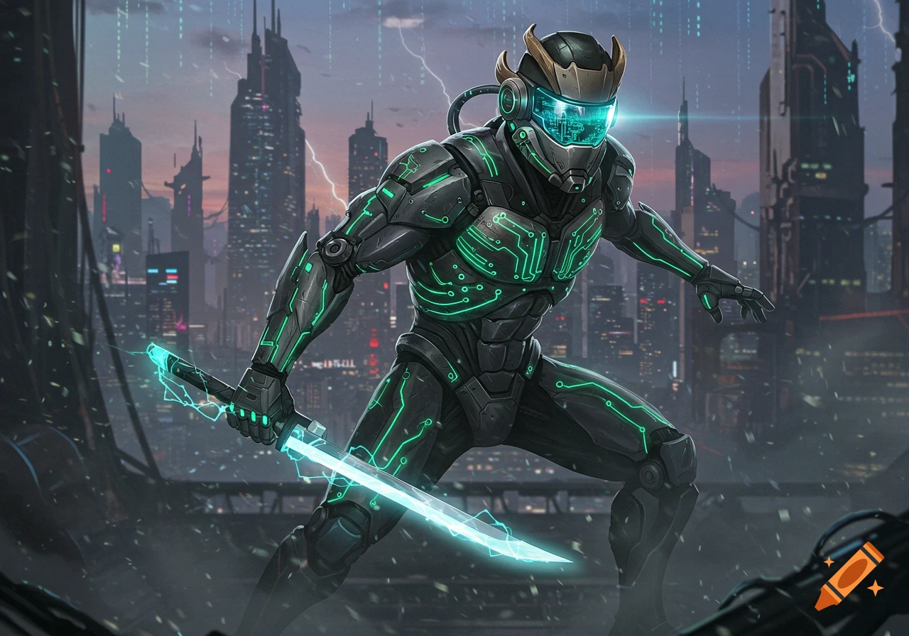 A futuristic warrior in a dark, glowing circuit suit and helmet holds a luminous blue sword against a cyberpunk city skyline with lightning.