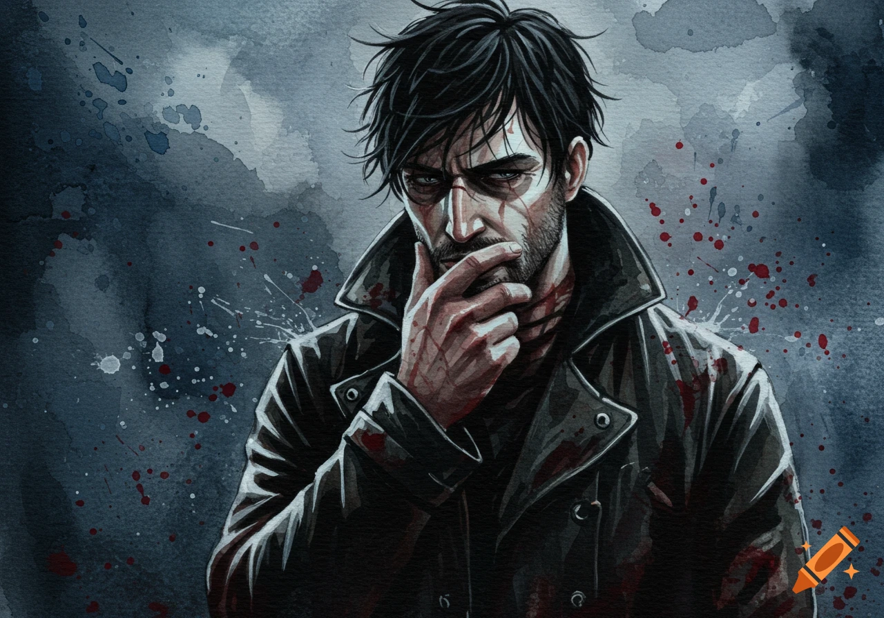 A watercolor painting of a distressed man with dark hair and beard, wearing a coat, blood splattered on his face, hand, and background.