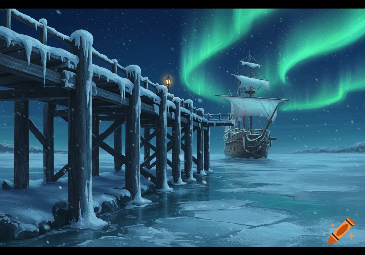 Semi-realistic digital painting of a snow-covered dock, frozen lake, and a ship under a vibrant green aurora borealis.