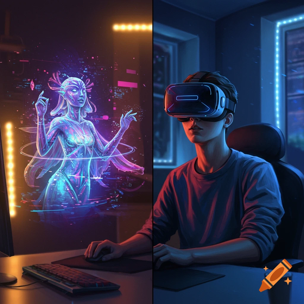A person in a VR headset sits at a computer, looking confused, as a glowing, translucent avatar appears from the screen.