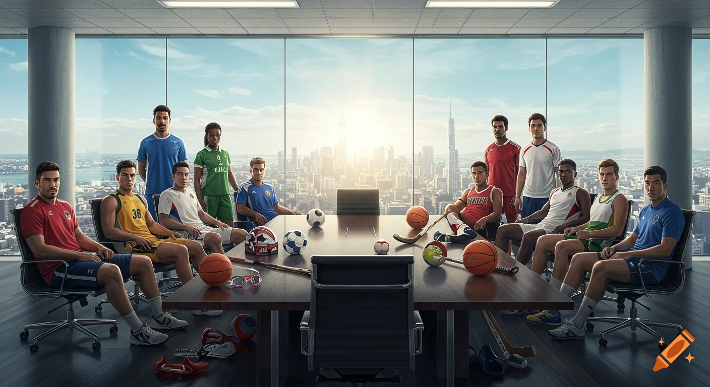 A diverse group of male and female athletes in colorful uniforms sit in a brightly lit, glass-walled boardroom overlooking a sunny cityscape, with sports equipment on the table.