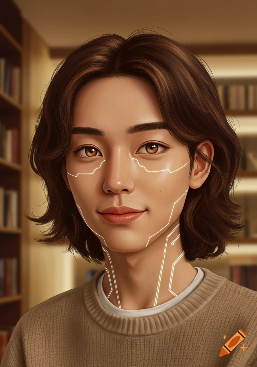 Digital portrait of a young person with brown hair, amber eyes, and subtle white circuit patterns on their face and neck, with a blurred library background.