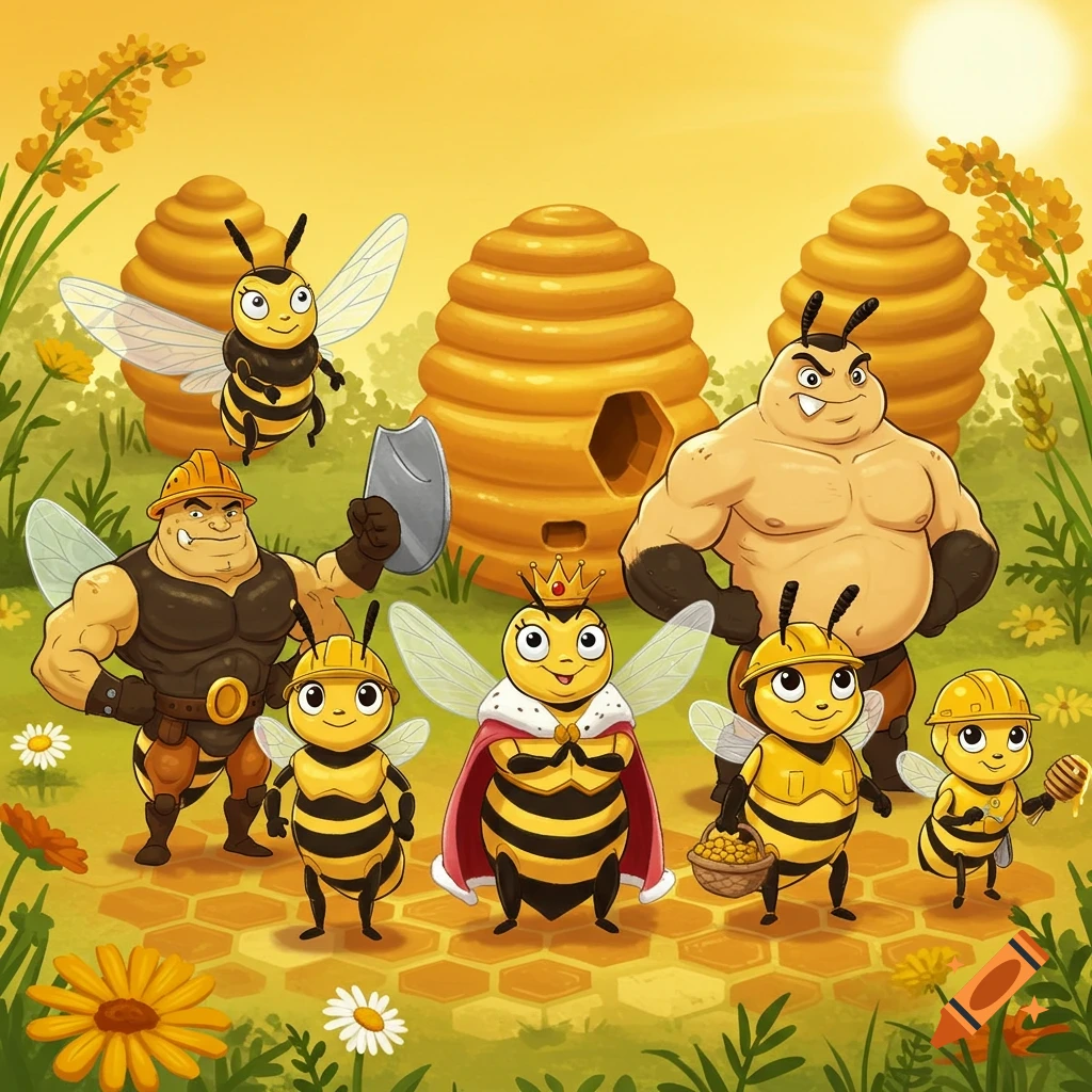 A cartoon lineup of anthropomorphic bees including a queen, muscular soldiers, worker bees with hard hats, and a large drone, in a sunny field with beehives.