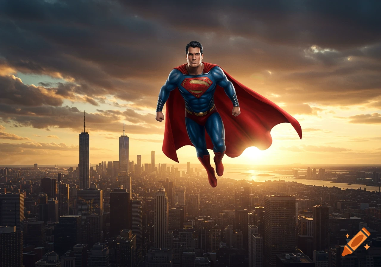 Photorealistic image of Superman flying high above a sprawling city at sunset, with dramatic clouds.