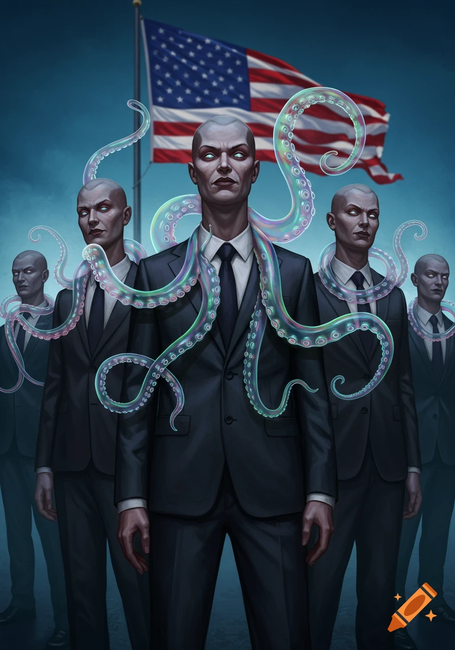 Illustrative painting of bald men in suits with glowing tentacles around their necks, against an American flag.