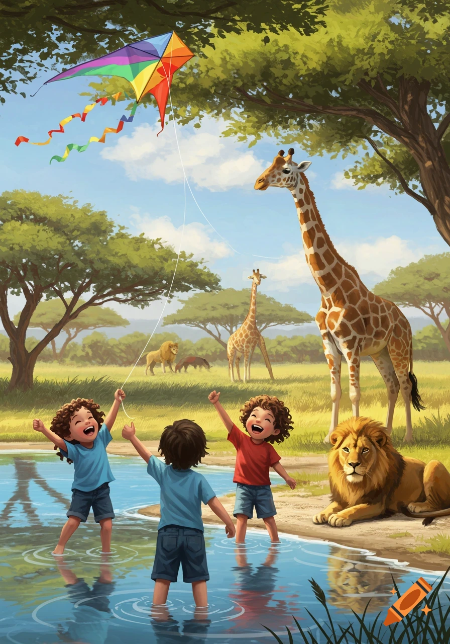 Three joyful children flying a colorful kite near a pond, with giraffes and lions in a sunny savanna illustration.