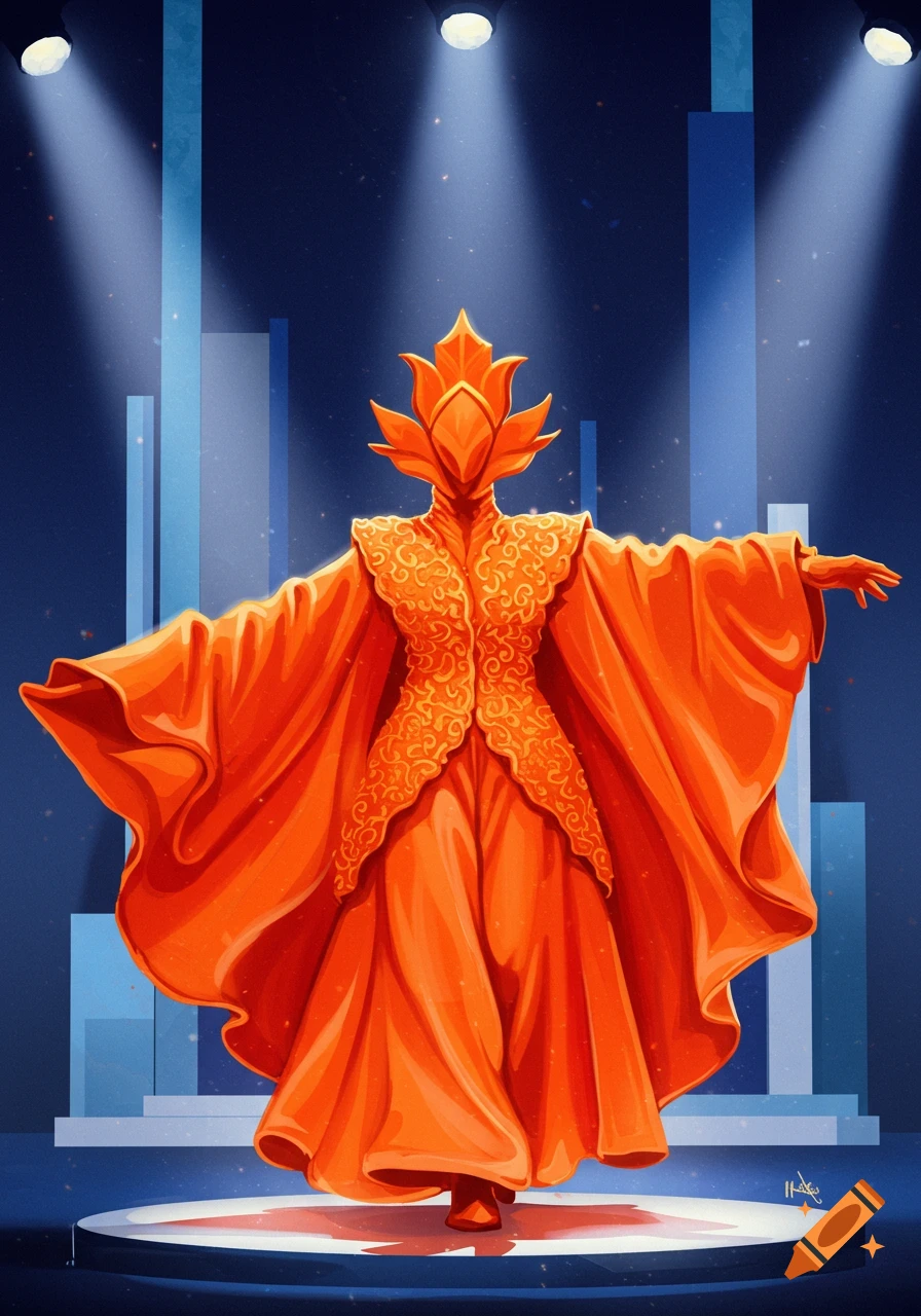 Figure in an elaborate orange lotus-like costume on a circular stage under spotlights against a dark blue background.