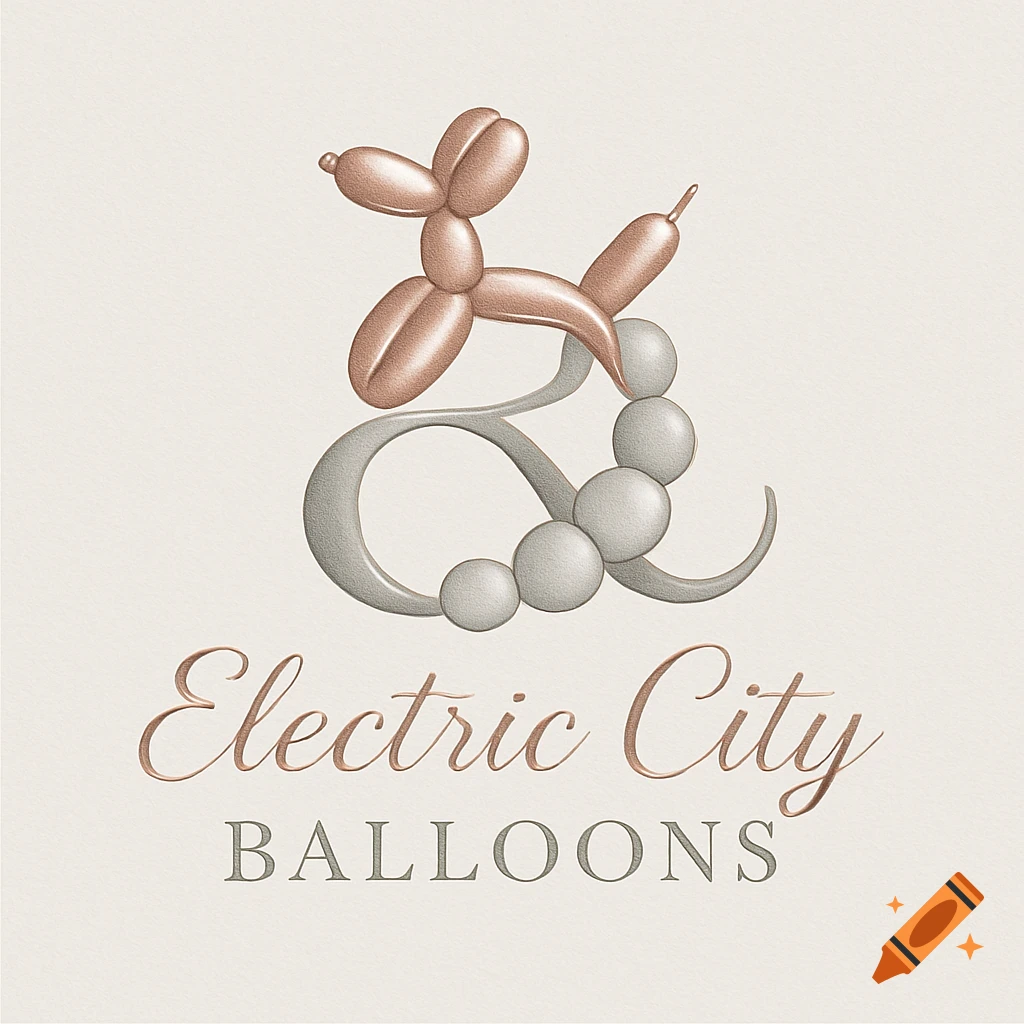 A sophisticated logo featuring a rose gold balloon dog and a grey balloon garland intertwined to form an ampersand, with 'Electric City Balloons' text below, on an ivory background.