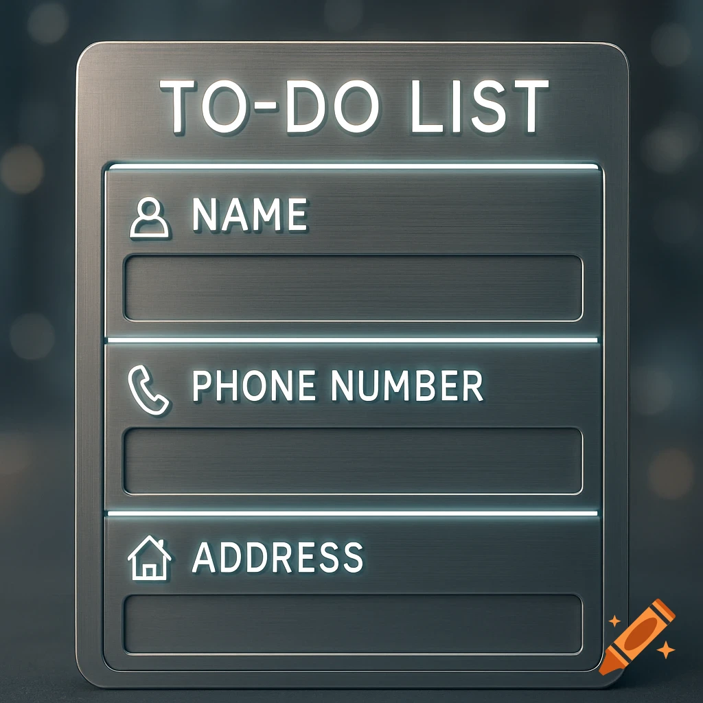 A metallic grey sign with glowing white text reading "TO-DO LIST" at the top, followed by sections for "NAME", "PHONE NUMBER", and "ADDRESS", each with an associated icon and an empty input field below.