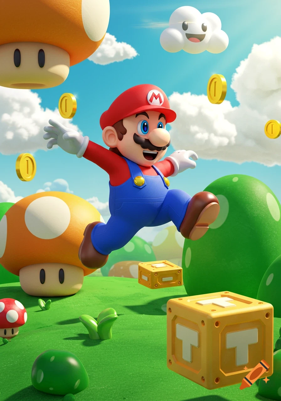 3D render of Mario jumping in a vibrant green landscape with blue sky, white clouds, golden coins, mushrooms, and yellow blocks.