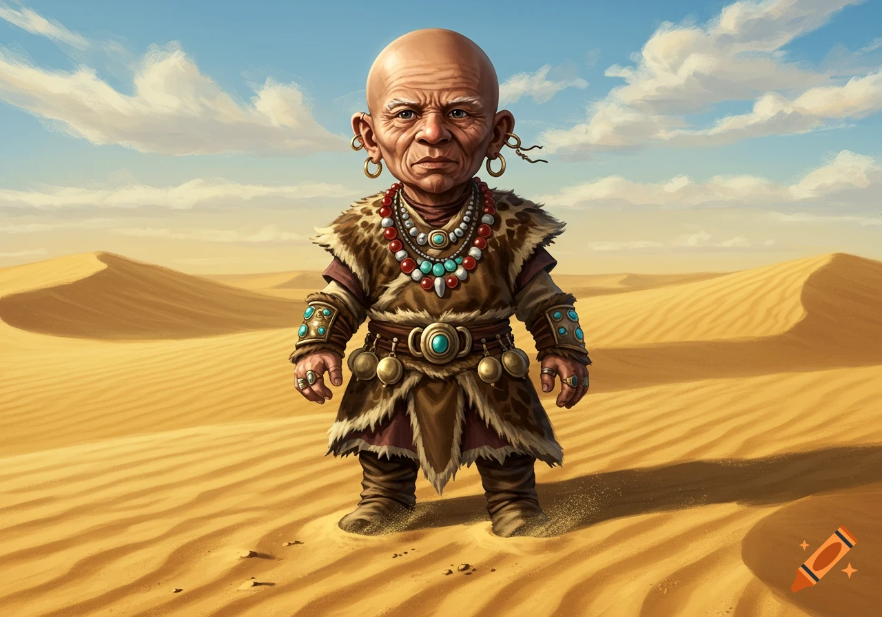 A short, bald, old man in fur-trimmed robes and ornate jewelry stands in a sunny desert with sand dunes, digital painting.