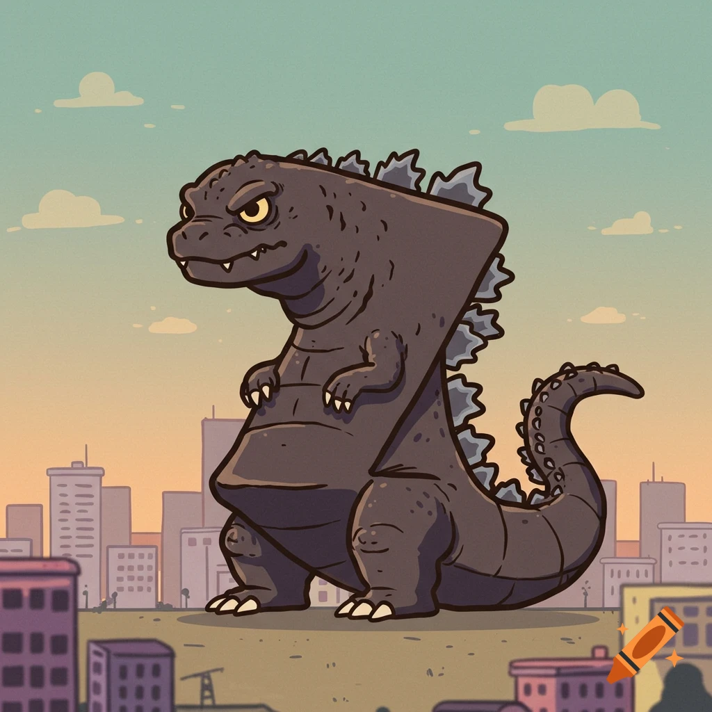 A stylized cartoon Godzilla with a blocky body shaped like the letter Z stands in front of a city skyline at dusk.