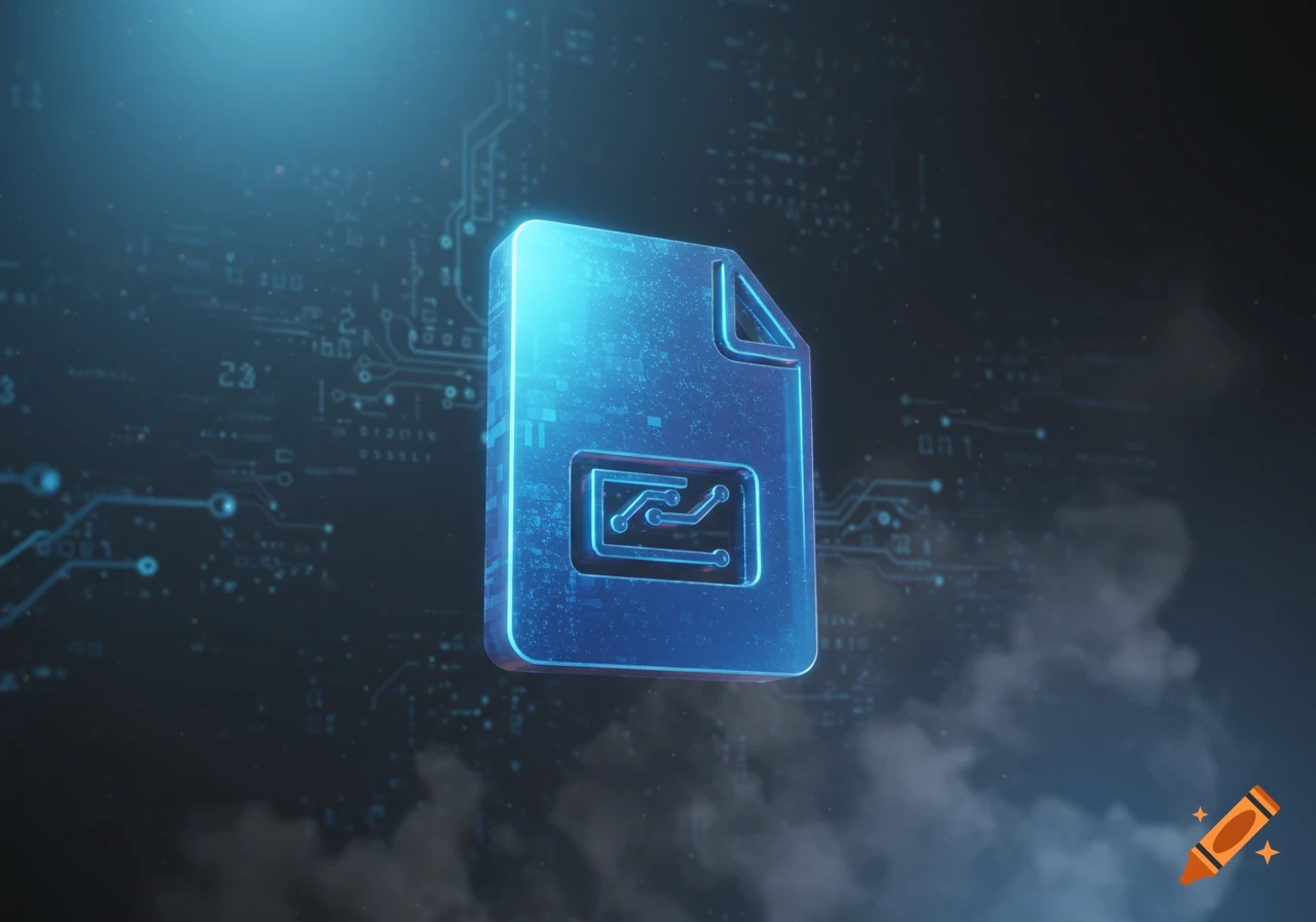 A glowing blue file icon with a circuit board symbol inside floats against a dark, abstract digital background.
