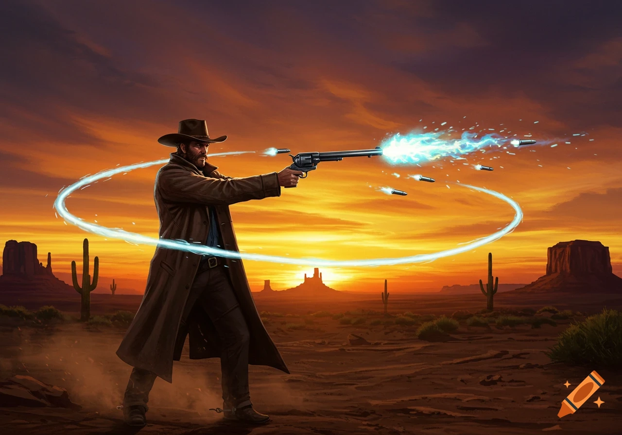 A cowboy gunslinger firing glowing blue magical bullets from a revolver in a desert landscape at sunset.
