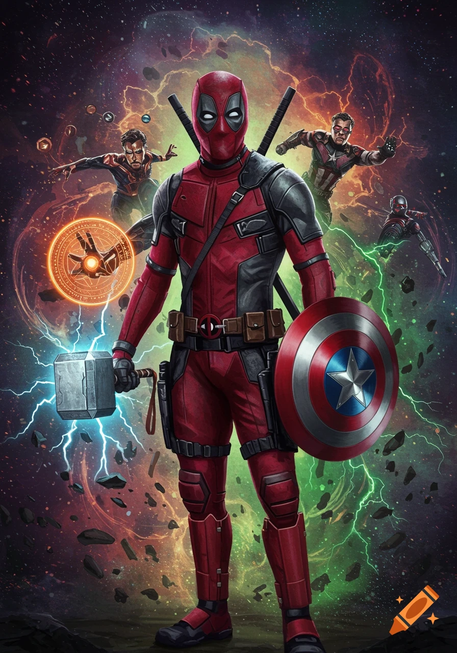 Deadpool stands in a cosmic landscape, holding Thor's hammer and Captain America's shield, with Doctor Strange, Captain America, and Ant-Man in the background, in a vibrant comic art style.