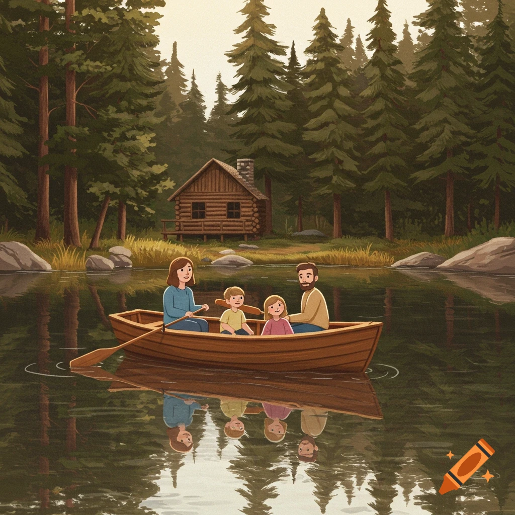 A cartoon-style illustration of a family of four in a rowboat on a calm lake, with a log cabin and tall pine trees in the background.