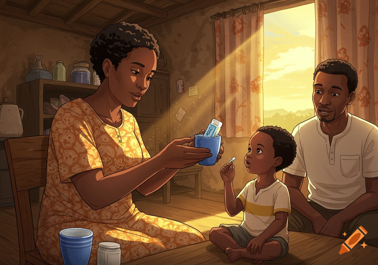 A cartoon illustration of a mother giving medicine to her young son, while the father watches, in a modest home with warm sunlight.