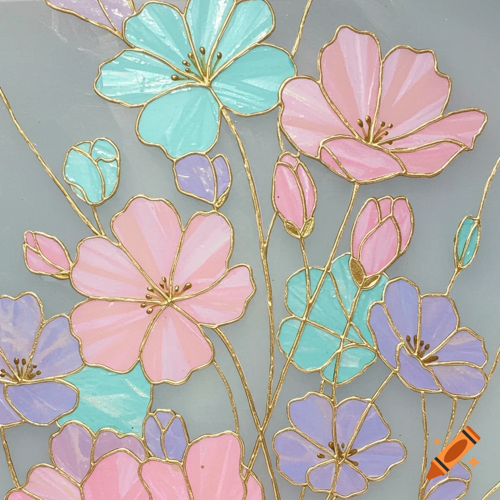 Stained glass flowers in pastel pink, turquoise, and lavender with gold outlines on a light background.