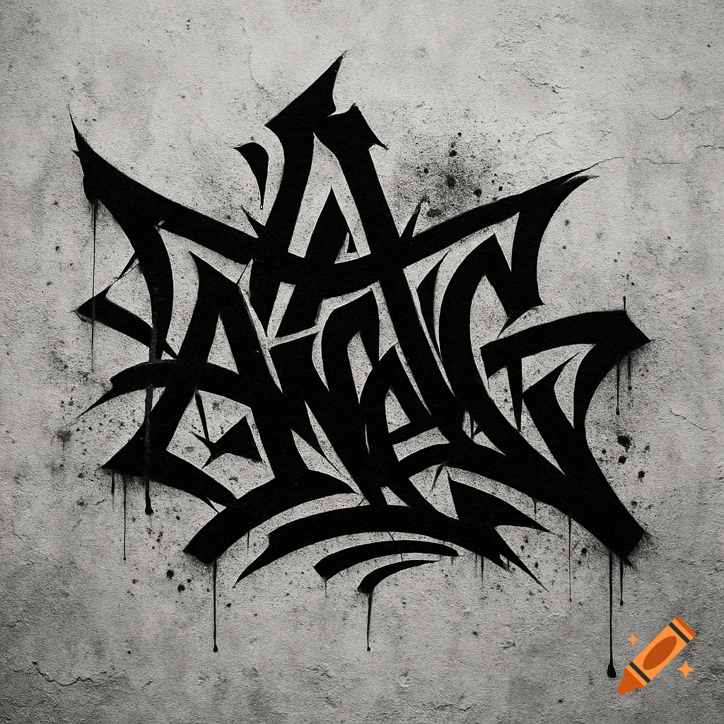 Black and white graffiti logo with thick, stylized lettering and paint drips on a textured concrete wall.