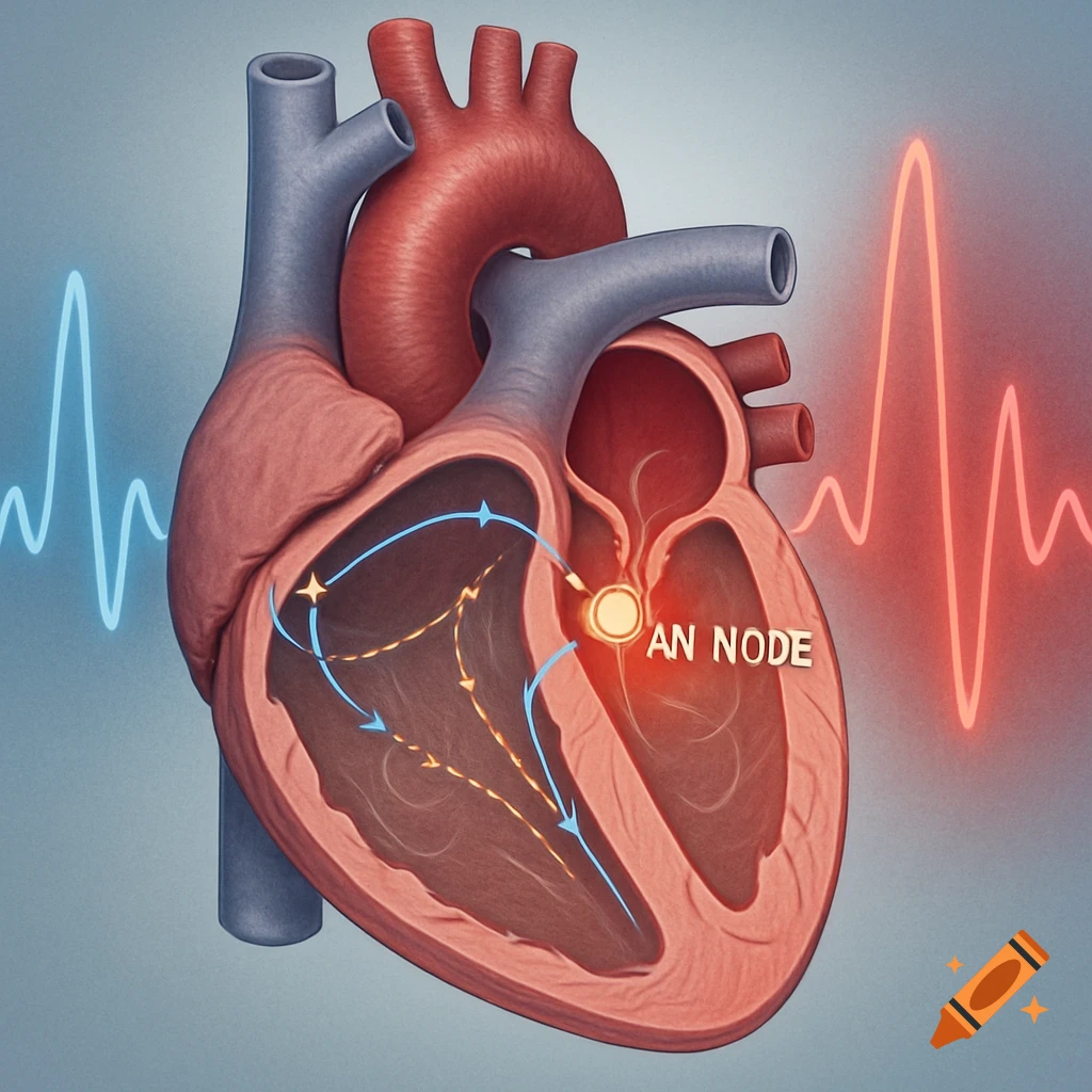 An illustrated diagram of a human heart, cut open to show internal anatomy, electrical pathways, and the AN NODE, with ECG waves.