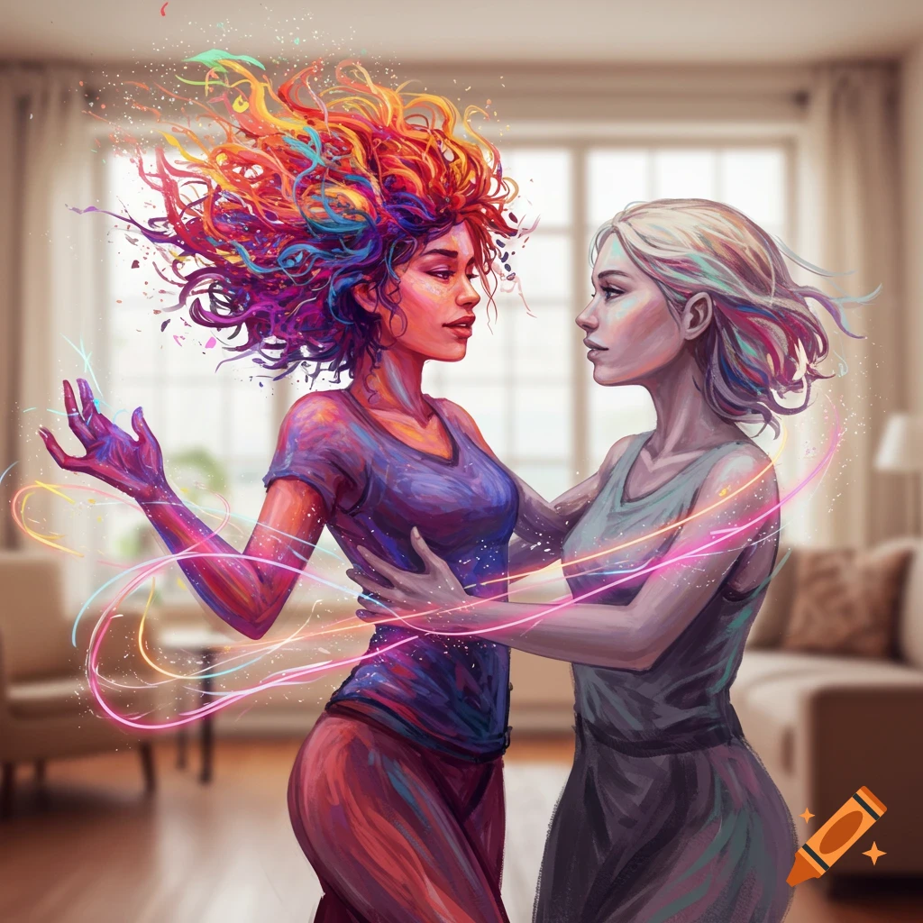 Two women embracing, one with vibrant rainbow-colored hair and glowing energy, in a painterly style.