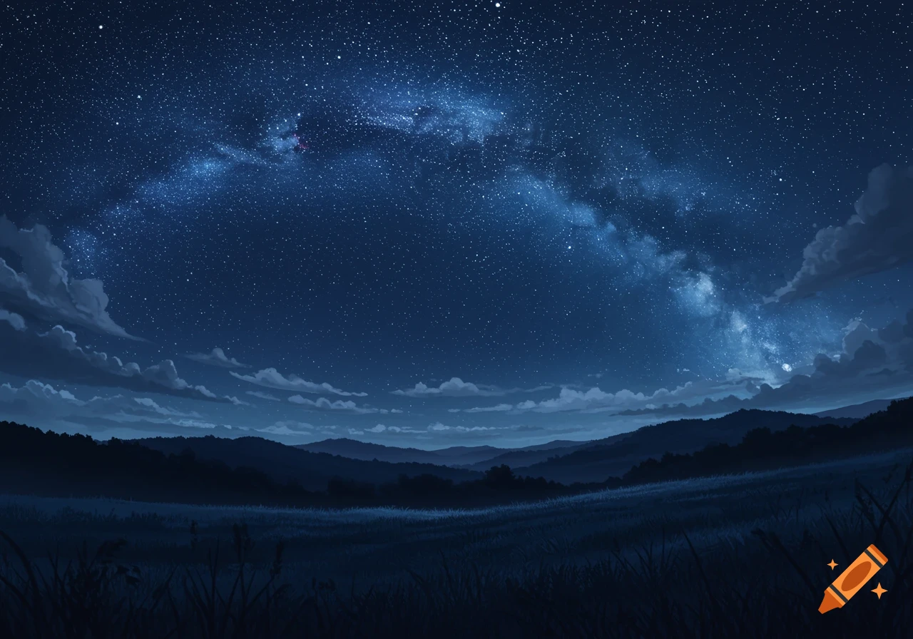 A dark blue night sky filled with countless stars and the Milky Way stretching across, above a silhouette of rolling hills and a grassy field.