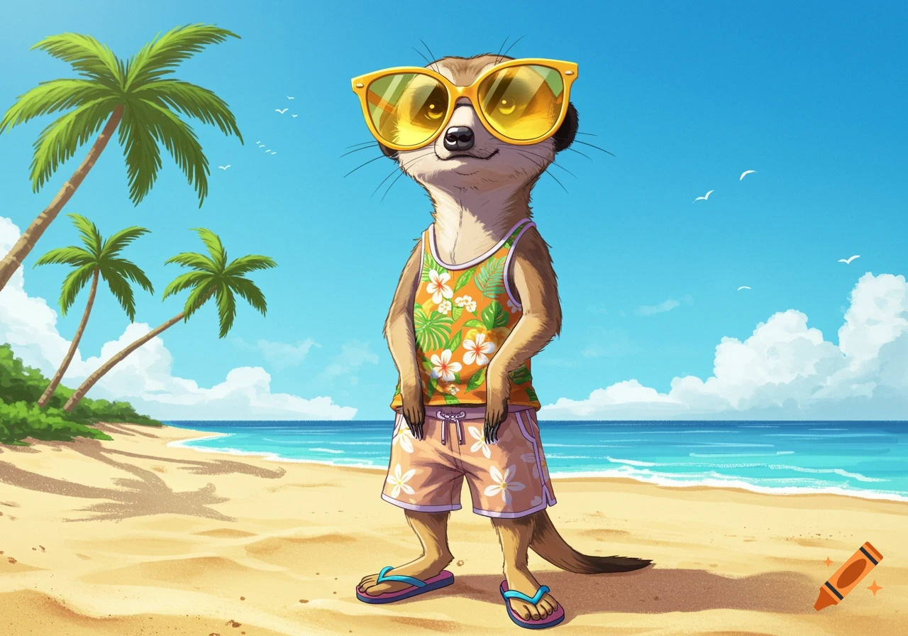Cartoon meerkat in sunglasses, tank top, shorts, and flip-flops standing on a sunny beach with palm trees and ocean.