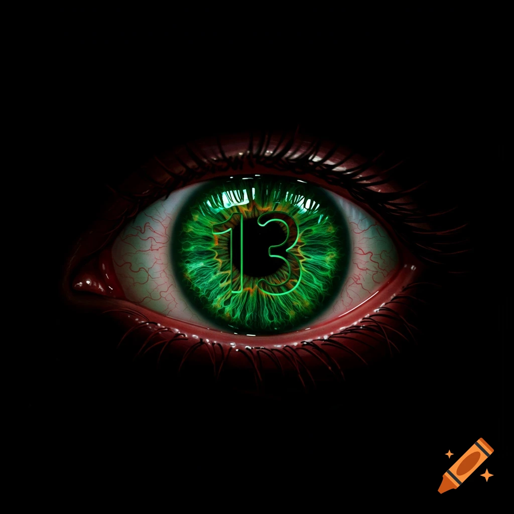 Close-up of a vibrant green human eye with the number 13 glowing within its iris against a black background.