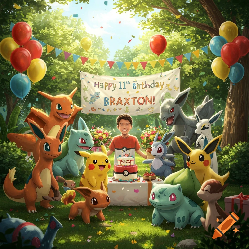 A boy celebrating his 11th birthday surrounded by various Pokemon characters and balloons in a sunny outdoor setting.