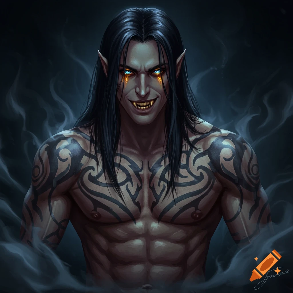 A muscular dark fantasy character with long black hair, glowing blue eyes, fangs, and tribal tattoos, emerging from smoke.