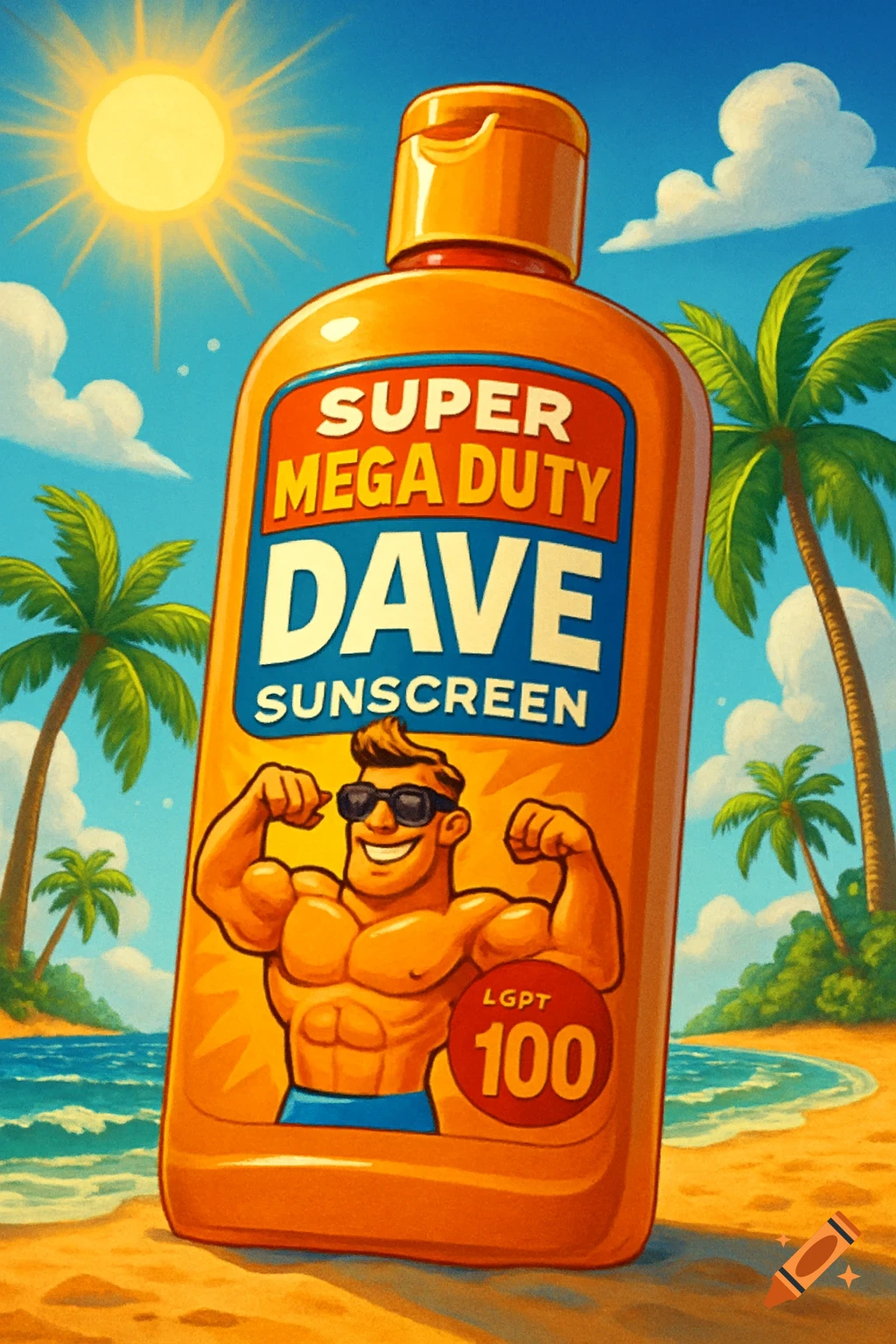 A cartoon sunscreen bottle featuring a muscular, smiling man in sunglasses, set on a sunny beach with palm trees.