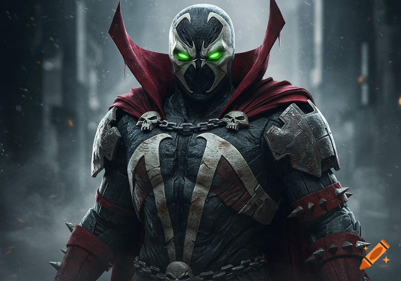 A hyper-realistic cinematic portrait of a Spawn-like character in a dark suit, red cape, glowing green eyes, skulls, and chains.