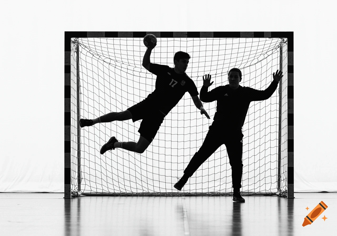 Silhouette of a handball player mid-air shooting into a goal, with a goalkeeper defending.