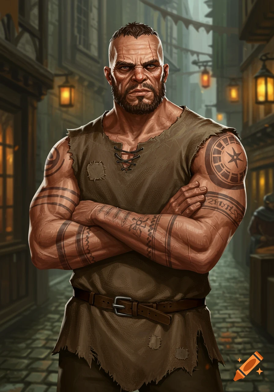 A D&D style portrait of a muscular, stern-faced thug with a shaved head and beard, wearing a torn cloth tunic and covered in tattoos, stands with crossed arms in a dimly lit alleyway.