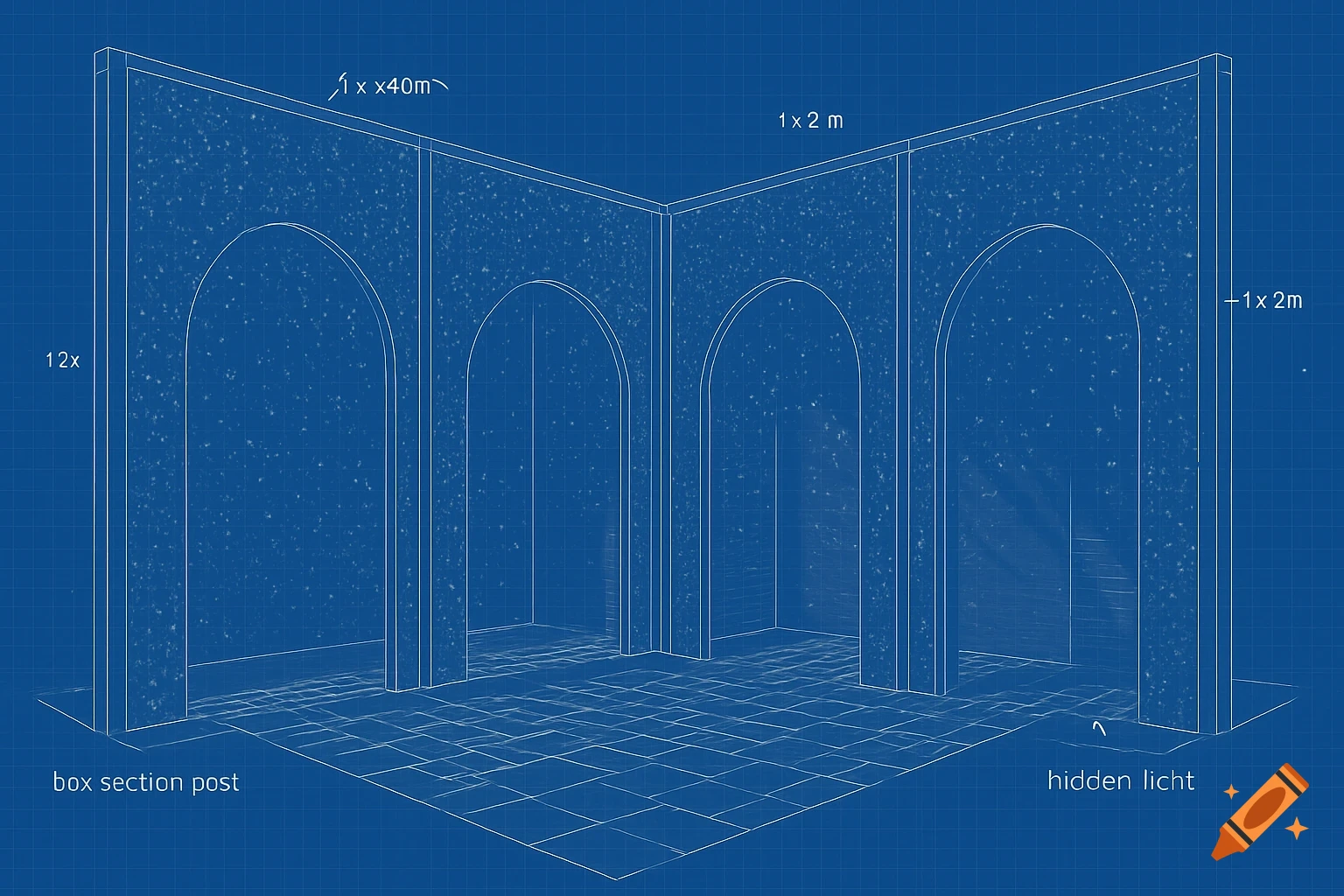 A blueprint architectural drawing of an L-shaped structure with arched openings, detailed with dimensions and text on a blue grid background.