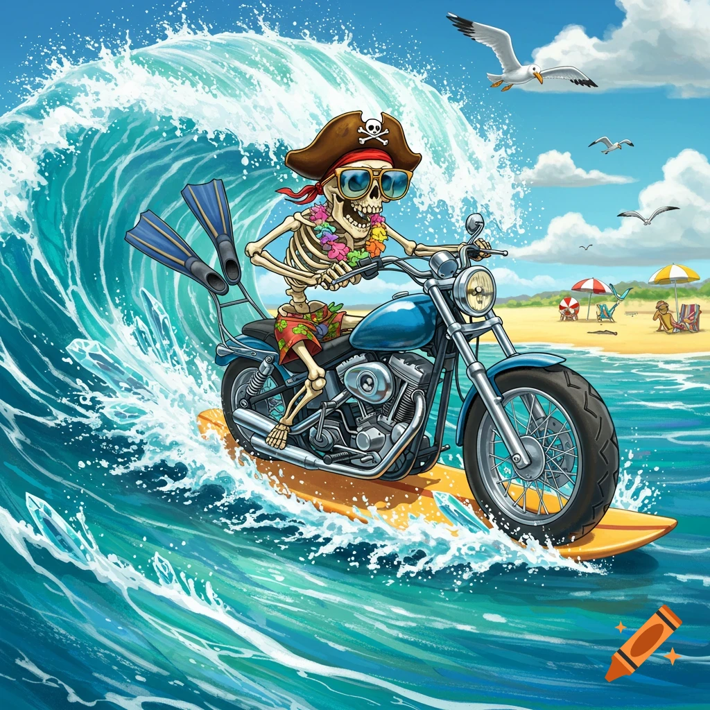 Cartoon skeleton in pirate hat, sunglasses, and lei rides a motorcycle on a surfboard, surfing a large wave at the beach.
