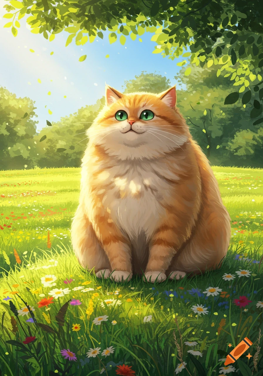 A very fluffy, orange cat with green eyes sits in a sunny field of colorful wildflowers under green trees.