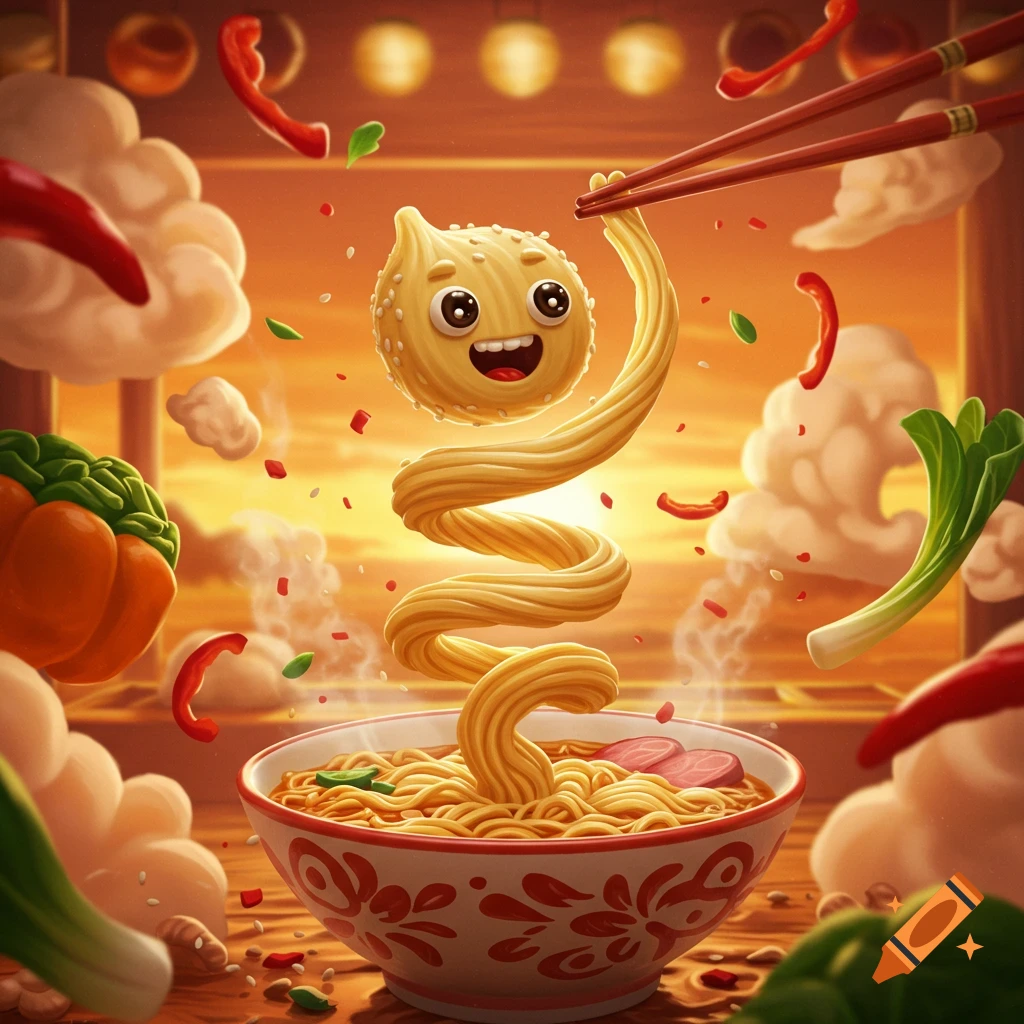 A whimsical cartoon illustration of a happy noodle character being lifted from a ramen bowl by chopsticks, with floating vegetables and spices.