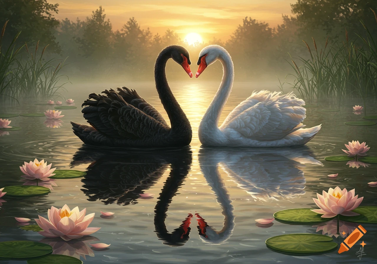 A black swan and a white swan face each other, forming a heart shape with their necks on a serene lake with lotus flowers at sunrise or sunset.