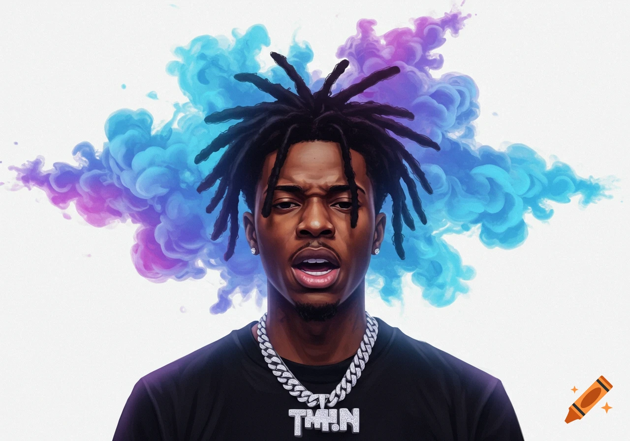 An illustrative portrait of a young man with dreadlocks and a silver chain, with blue and purple smoke behind his head.