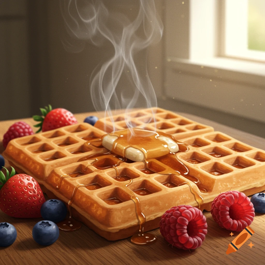 Two steaming waffles with melting butter and syrup, surrounded by berries on a wooden table, photorealistic.