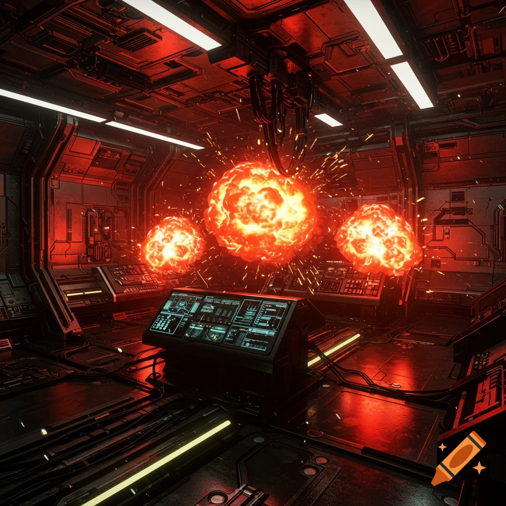 A dark, red-lit futuristic sci-fi control room with three large, bright orange explosions in the center.