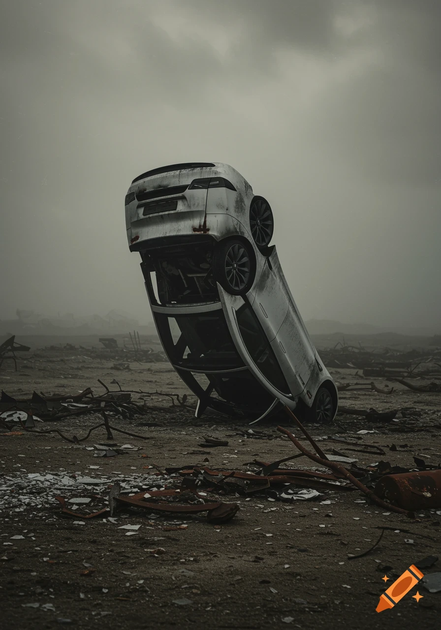 A dirty, white car stands vertically on its back end in a desolate, debris-filled landscape under a cloudy, overcast sky.