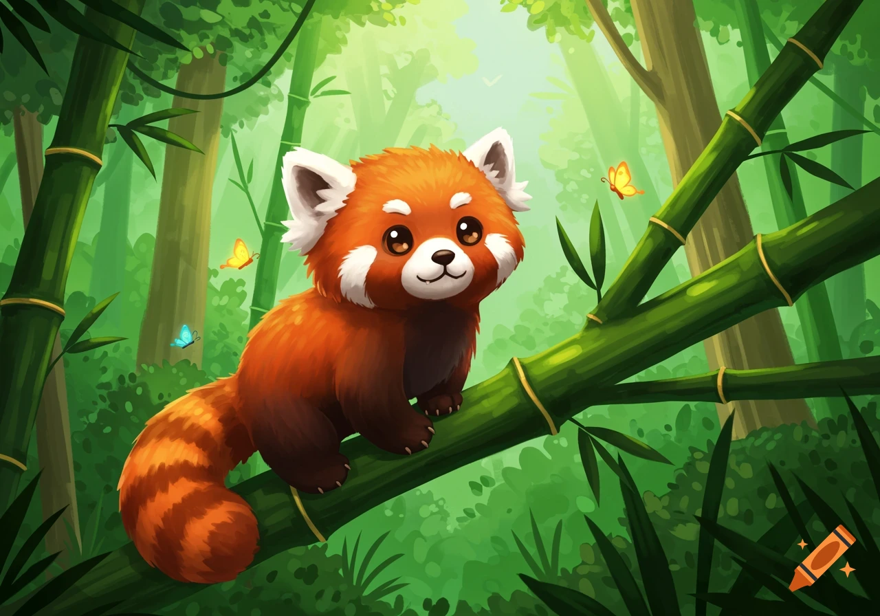 A cute, cartoon red panda sits on a bamboo branch in a vibrant green bamboo forest, with butterflies flying around.