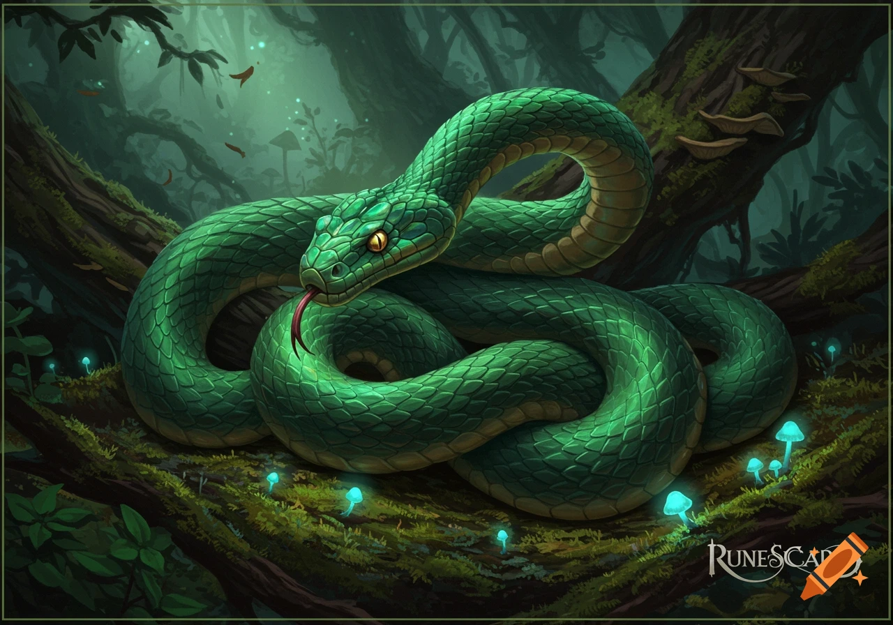 A vibrant green snake coils on a mossy log in a mystical, dark forest with glowing blue mushrooms. Digital illustration.
