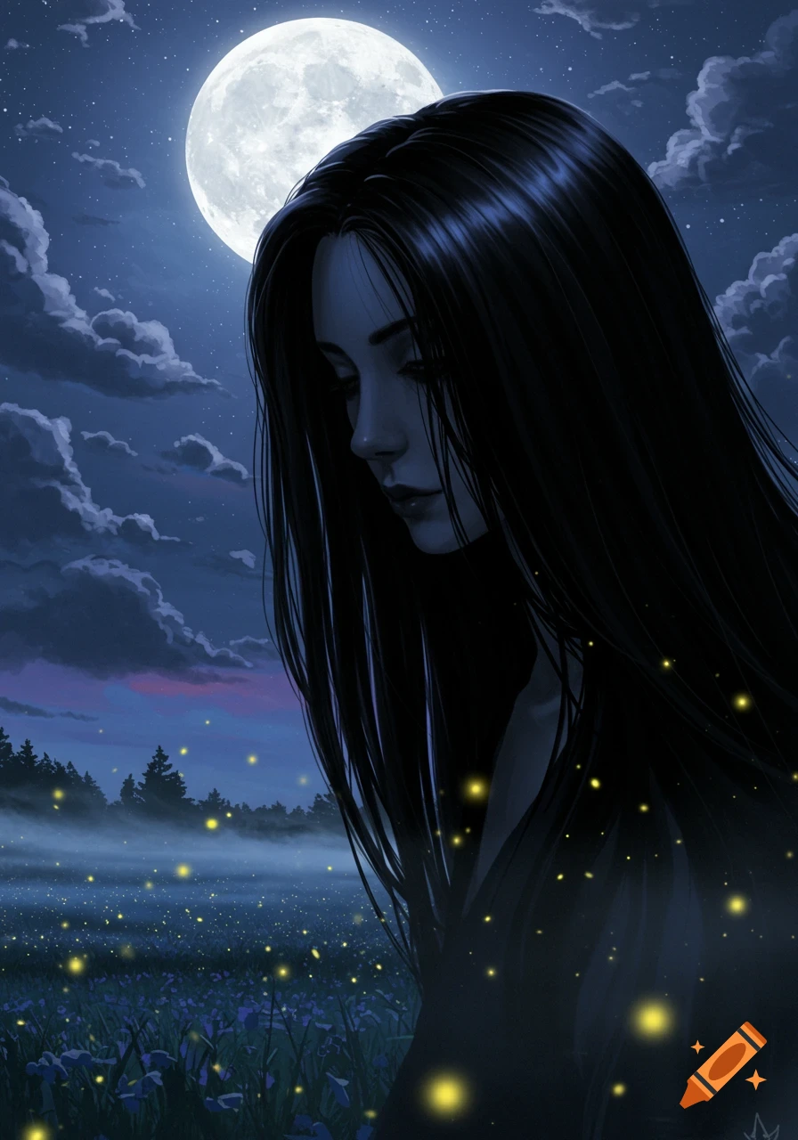 Digital art of a woman with long dark hair looking down in a field of fireflies under a full moon at night.